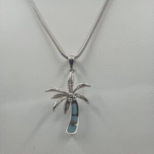 Sterling Silver Textured Palm Tree with Larimar Inlay Necklace.